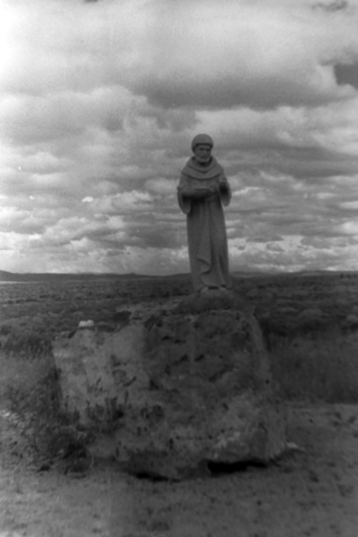 an image of a St. Francis statue on a rock in the desert